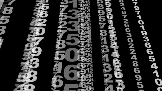 Numbers on black dynamic data sequence for science and technology with numerical codes and random digits in abstract digital design