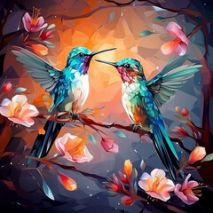 Obraz premium Colorful hummingbirds feeding on vibrant flowers against a dark artistic backdrop. 