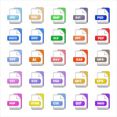 file format labels icon set vector illustration. Various file formats vector icon illustration colorful set