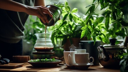 Woman's hand pouring freshly brewed coffee in cup. View on coffee tree plant and drip coffee maker on wooden table - obrazy, fototapety, plakaty