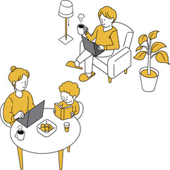 在宅ワークをする男性と女性のイラスト（黄色）