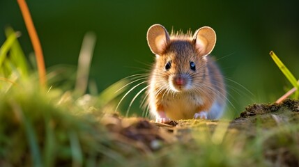 Wood mouse in front of a grass background