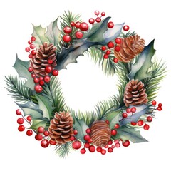 Fototapeta na wymiar watercolor Christmas wreath on white background. ai generated