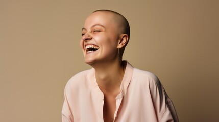 Obraz premium Smiling and confident, a bald woman embraces joy in pastel clothing against a pink studio background.