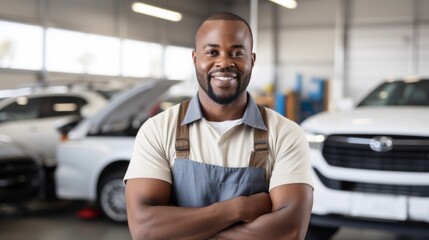 The delighted car mechanic looks straight at the camera in the garage.