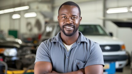 Fototapeta premium The happy mechanic grins while posing in his auto workshop.