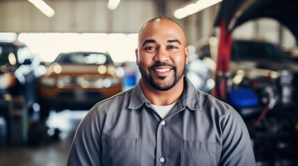 Happy car repair expert smiles for a snapshot at the garage.