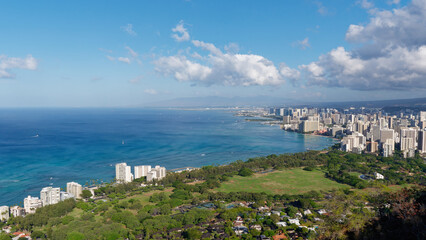 View of the cityscape of Honolulu from the top of Diamond Head Crater, Oahu, Hawaii, USA