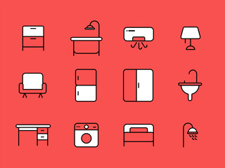 Furniture Set Icons, Line and Pixel Perfect Icons, Red black