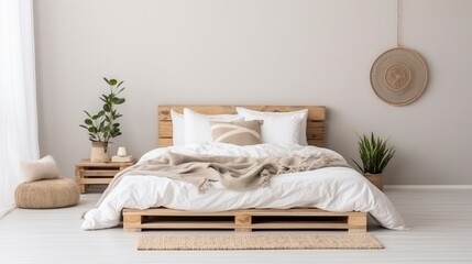 Fototapeta na wymiar Wooden bed with soft white mattress, blanket and pillows in cozy room interior