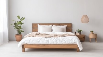 Fototapeta premium Wooden bed with soft white mattress, blanket and pillows in cozy room interior