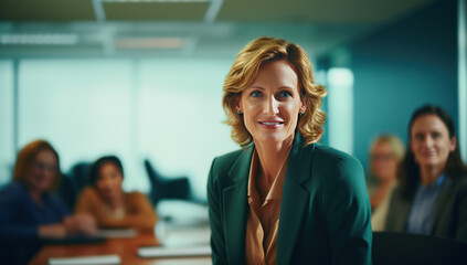A smiling woman leading a business discussion against a backdrop of a group of people in a conference room.