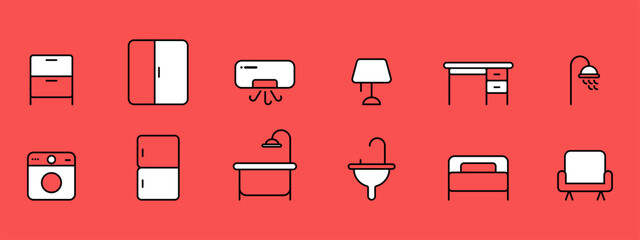 Set Furniture Icons, Line and Pixel Perfect Icons, Red black
