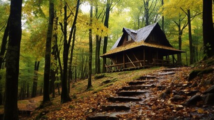 Wooden cabin in the woods at Tara mountain - obrazy, fototapety, plakaty