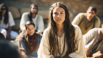 A young Caucasian woman with long hair in ancient attire sits in a circle of people outdoors. - 688483643