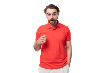 young attractive 35 year old european man with styled haircut and beard on white background with copy space