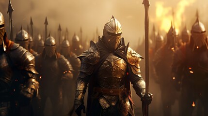epic medieval warriors marching to battle fire dragon  - obrazy, fototapety, plakaty
