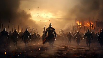 epic medieval warriors marching to battle fire dragon  - obrazy, fototapety, plakaty