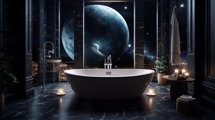 A celestial-themed bathroom with cosmic wallpaper, starry LED lights, and a futuristic bathtub for a relaxing interstellar experience.  