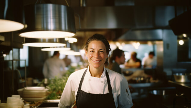 A young Caucasian female chef in a white jacket and apron smiles in a professional kitchen.