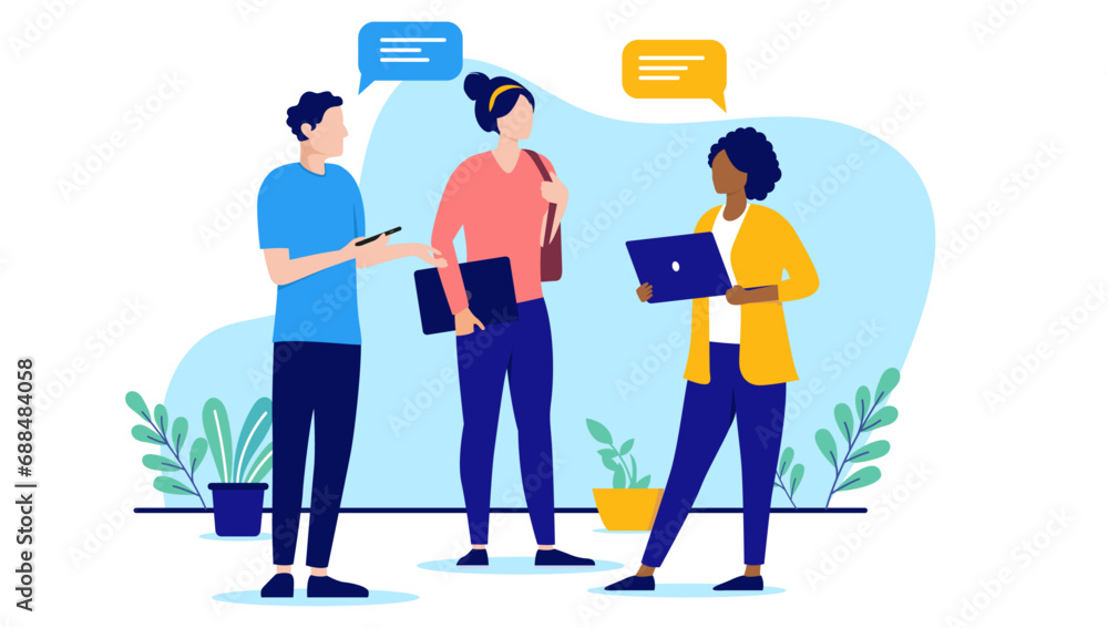 Fototapete casual talk in office - team of three people having conversation and dialogue together with speech b