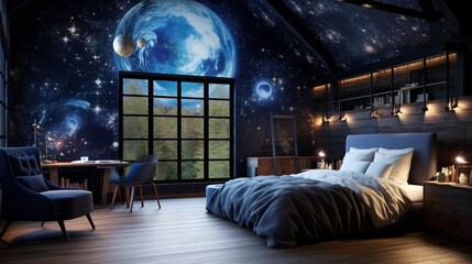 A celestial-themed bedroom with galaxy murals, twinkling lights, and celestial decor for a dreamy and cosmic atmosphere.  