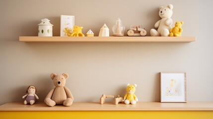 Wooden shelf with baby accessories and toys in child room. Interior design