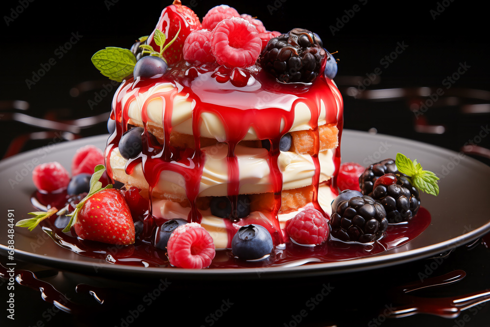 Wall mural Waffle dessert with cream fruits in food photography style, ai generated