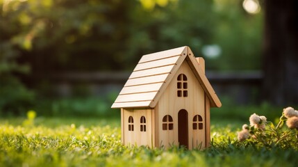 Wooden toy house on grass backgroung