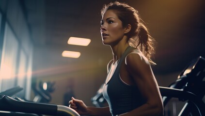 Fototapeta na wymiar Young Caucasian adult woman with long hair, in sportswear, running on a treadmill in a gym, with a focused facial expression, in athletic form.