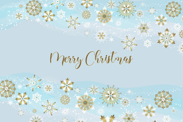 Merry Christmas banner. Falling golden snowflakes on blue background. Festive inscription for greeting card.