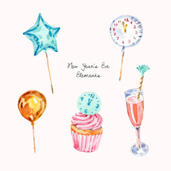 Watercolor new year party elements collection