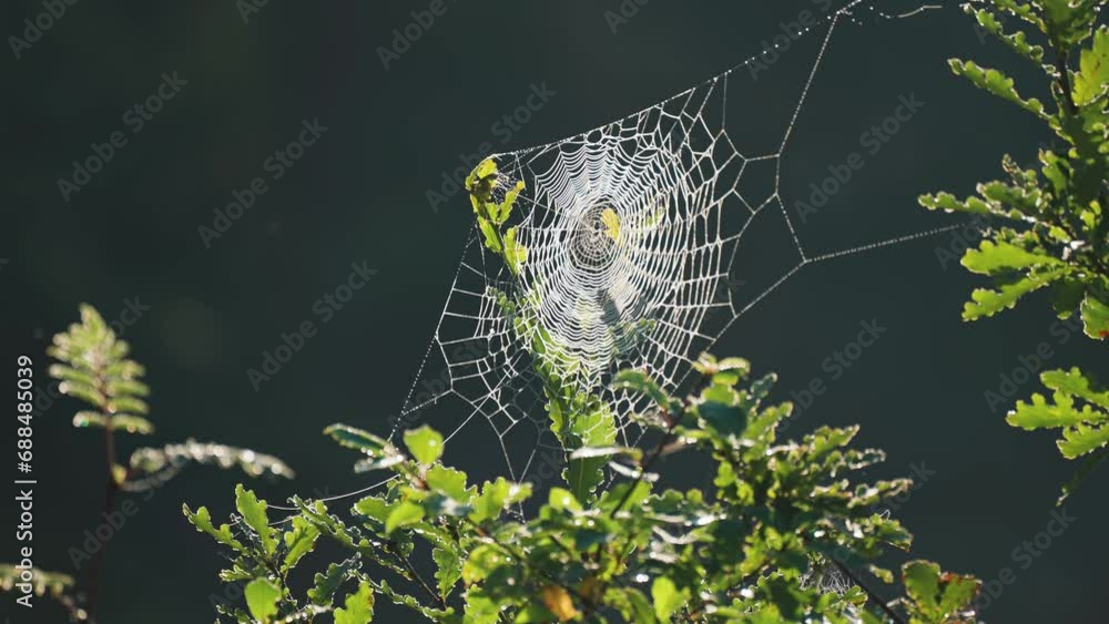 Poster delicate spiderweb backlit by the low morning sun suspended between the oak tree branches. parallax 