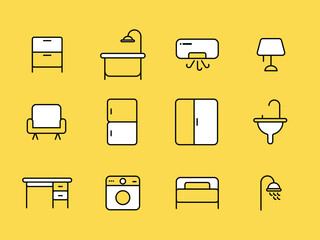 Furniture Set Icons, Line and Pixel Perfect Icons, Yellow black