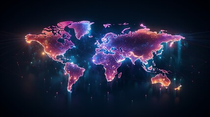 World map in space neon - obrazy, fototapety, plakaty