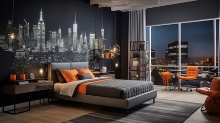 A cityscape-themed bedroom with skyline murals, sleek furniture, and a wall-mounted city map for an...