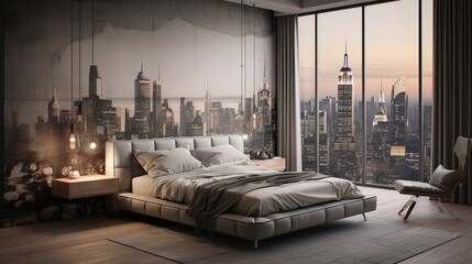A cityscape-themed bedroom with skyline murals, modern furniture, and sleek city-inspired decor for an urban retreat. 