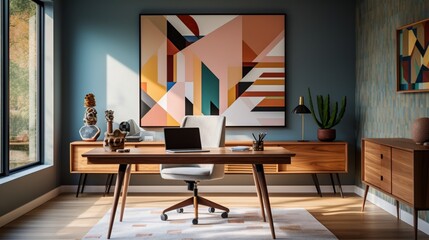 A mid-century modern home office with a teak desk, iconic chair, and geometric wall art for a stylish and productive workspace.