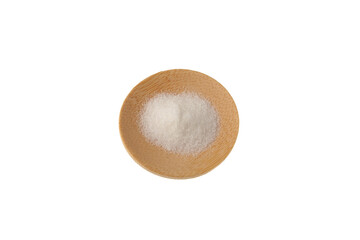 Msg powder in wooden plate on white. Food additive E621. Monosodium salt of glutamic acid. Taste...