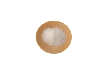 Msg powder in wooden plate on white. Food additive E621. Monosodium salt of glutamic acid. Taste umami. Palatability enhancer. Chinese salt, Flavor seasoning