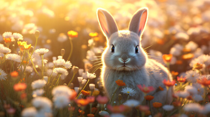 Fototapeta na wymiar Cute Easter Bunny in a Field of Flowers