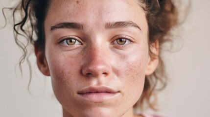 Fototapeta premium Against a studio light beige background, a woman from Europe confidently showcases her imperfect skin.