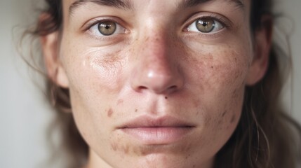 Imperfect skin takes the spotlight as a European woman poses against a studio light beige background.
