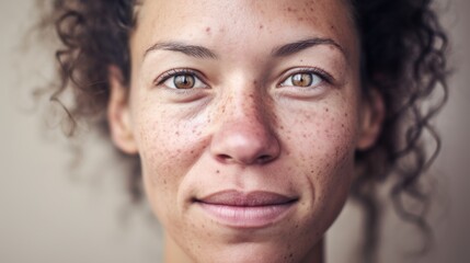 Obraz premium Against a studio light beige background, a European woman confidently displays her imperfect skin.