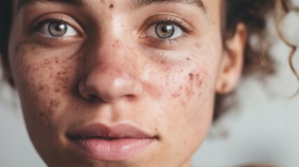 A woman from Europe confidently looks at the camera, embracing her flawed skin against a beige backdrop.