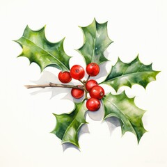 Watercolor of Cristmas Holly leaves decoration with red berries. ai generated