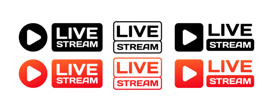 Live stream buttons. Different styles, red, play buttons, live stream icons. Vector icons