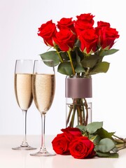 Two glasses of champagne and bouquet of red roses in a vase.