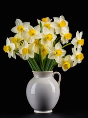 Bouquet of narcissus flowers in a vase on black background.