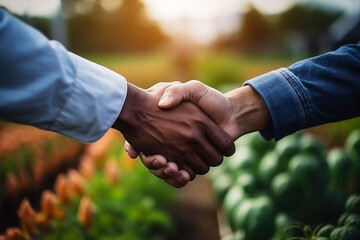 Handshake two farmer on the background of a farmers market. The concept of the agricultural business. Small business. Production and sale of agricultural products